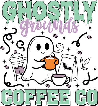 Cute ghost holding a coffee mug with coffee beans and french press for a spooky halloween coffee shop design
