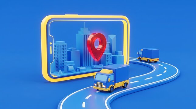 Delivery service tracking, 3D render of a smartphone with city map and GPS pin, logistics and shipping concept, online order fulfillment, modern transportation network
