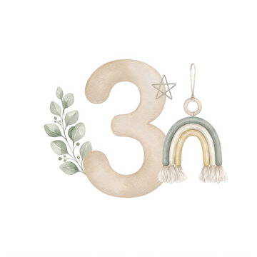 Watercolor Number Three With Rainbow And Star Decor transparent background