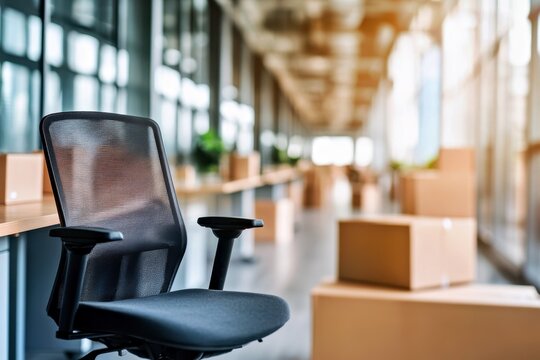 Abandoned workplace with empty office chair and moving boxes symbolizing AI replacing workers, automation, workforce reduction, redundancy, unemployment and corporate restructuring
