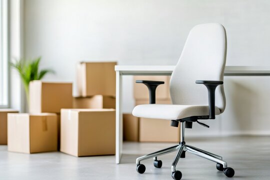 Empty office chair beside desk with cardboard boxes after employee layoff, job loss due to AI automation and technology, corporate downsizing, workplace transition