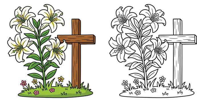 Vector illustration of a wooden cross with Easter lilies blooming in grass, featuring color and black line art outline versions for coloring page