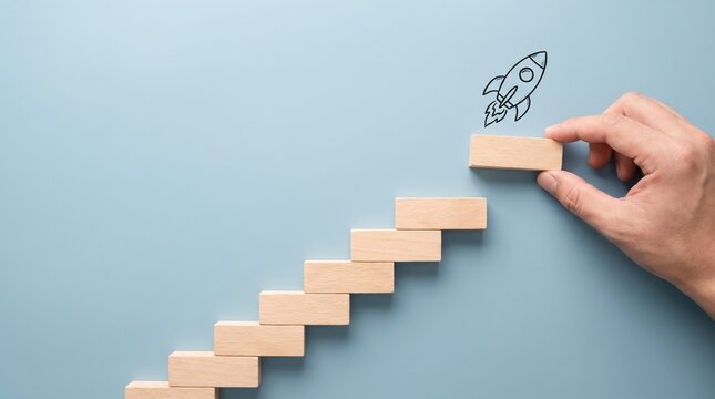 A hand placing a wooden block on a staircase structure to represent business growth and professional career development