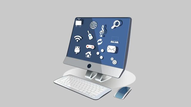 Desktop Computer Setup with Floating Multimedia and Technology Icons Motion Animation Transition