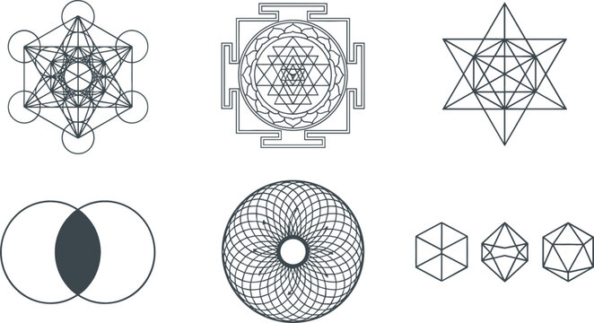 Abstract Sacred Geometry Line Art Vector Icon Set Featuring Metatron Cube Sri Yantra Merkaba Star Vesica Piscis Torus Knot and Platonic Solids