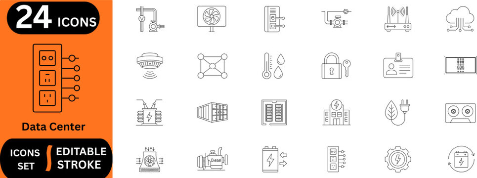 Data center line editable icon set. Containing cloud server, router, power generator, cooling fan, battery backup, security lock, network node, and more. Editable stroke. Vector illustration