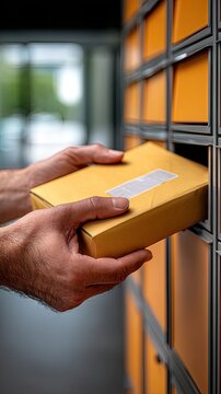 Close up of a person placing a yellow wrapped package into an open bright orange locker compartment in a modern setting