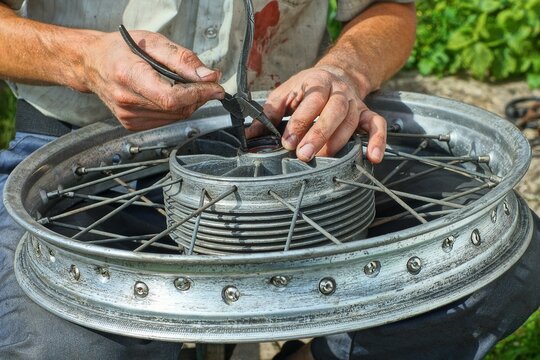 Close-up of a mechanic removing a retaining snap ring from a motorcycle wheel hub using circlip pliers during bearing replacement. The image shows the disassembly of a spoked motorcycle iron wheel 
