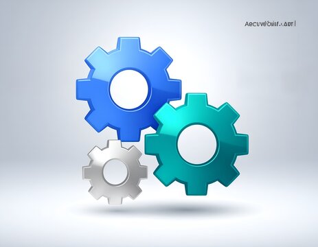 Three interlocking 3D gears in blue, turquoise, and silver on a gradient background