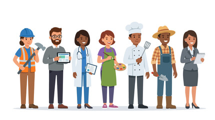 Obraz premium Diverse multicultural workers and professionals standing together representing career equality flat design vector illustration