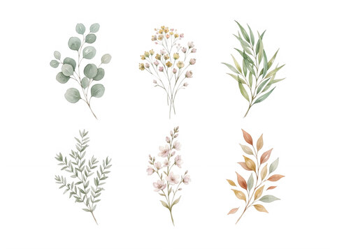 Watercolor Style Floral Branch Collection Isolated Design transparent background