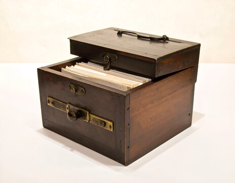 Antique wooden filing box with brass hardware holding stack of documents