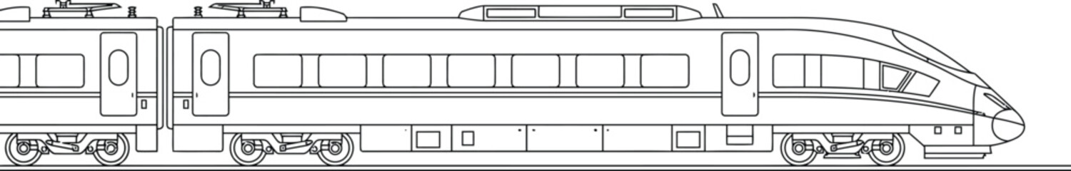 Train outline vector illustration, passenger railway coach side view line art. Modern rail transport technical drawing for engineering, transit, infrastructure and architectural planning © ProPixel Studio