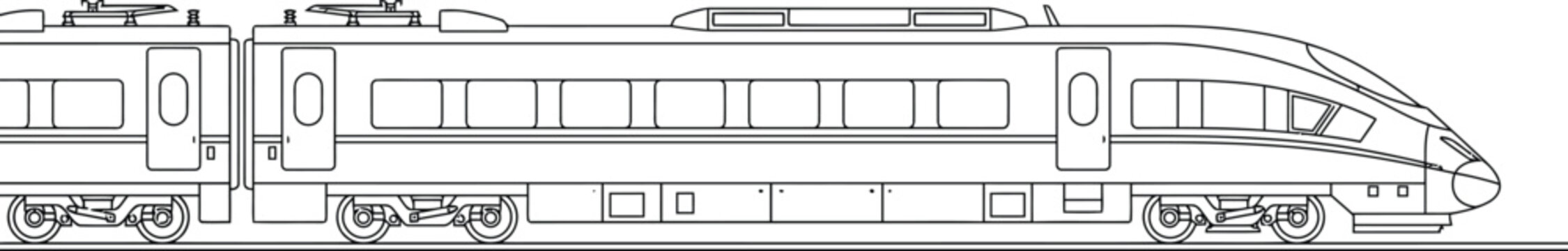 Train outline vector illustration, passenger railway coach side view line art. Modern rail transport technical drawing for engineering, transit, infrastructure and architectural planning