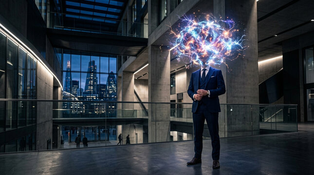Businessman With Exploding Brain Idea Over Modern Office Building Background