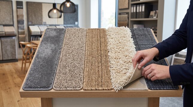 Carpet types comparison close up, consultant demonstrating plush, loop, flat weave, shag and patterned samples