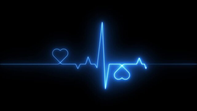 Red neon heartbeat pulse animation on black background showing cardiogram line style motion graphics in loop ECG medical concept. 4K video