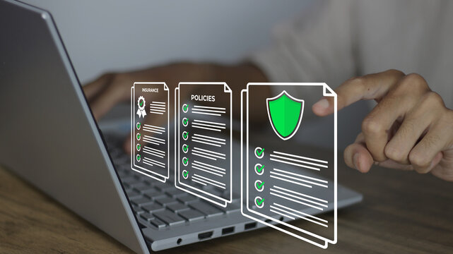 Reviewing digital insurance policy documents on a laptop with icons of insurance certificates, policy checklists, and shield protection for cybersecurity and corporate risk management verification