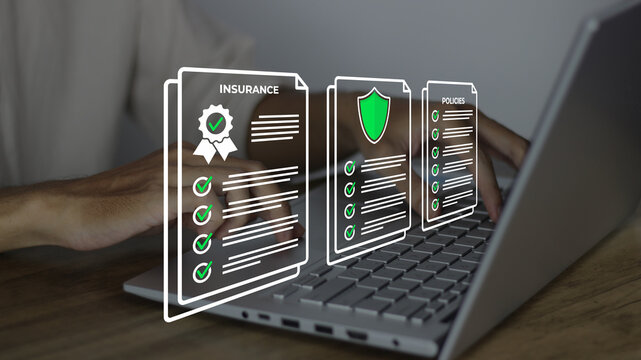 businessman reviewing digital insurance policy documents on laptop with contract ribbon, shield, and policy checklist icons for risk management, compliance, and corporate security