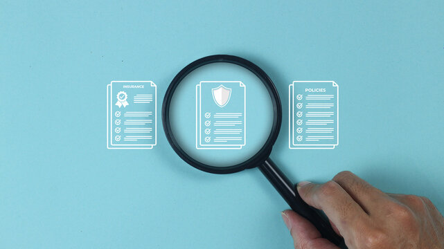 insurance policy documents with a magnifying glass, highlighting insurance certificate, shield protection, and policies checklist icons for compliance, risk management, verification, and security