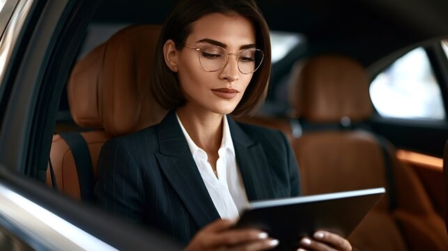 Businesswoman working on tablet computer in car backseat