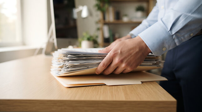 Professional hands organizing documents in a file folder on office desk with documents paperwork business organization professional administration workplace