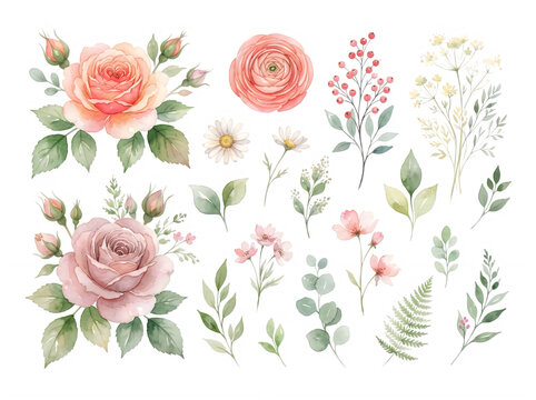 Watercolor Floral Illustration Collection with Roses Ferns transparent background