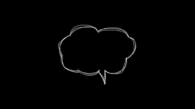 Animated white pencil sketch of comic thought bubble on black background dynamic hand drawn doodle animation loop clip.