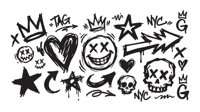 Street Art Graffiti Vector Elements Set with Crowns Hearts Skulls and Smiley Faces