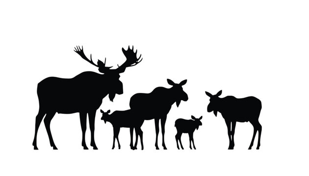 Moose family stands together in a group silhouette isolated against a plain white background surface.