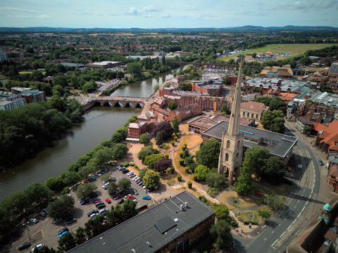 WORCESTER, WORCESTERSHIRE, ENGLAND - An aerial drone view looking over Worcester Bridge and the River Severn in the historic city centre.