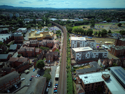 WORCESTER, WORCESTERSHIRE, ENGLAND - An aerial drone view looking over Worcester Bridge and the River Severn in the historic city centre.