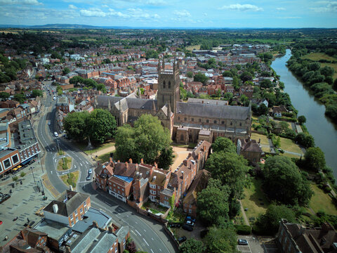 WORCESTER, WORCESTERSHIRE, ENGLAND - An aerial drone view looking over Worcester Bridge and the River Severn in the historic city centre.