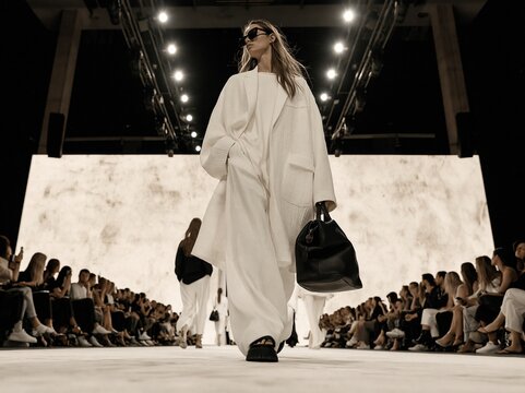 Low angle view of fashion model walking on runway in flowing white outfit carrying black handbag during catwalk show Theme of luxury fashion