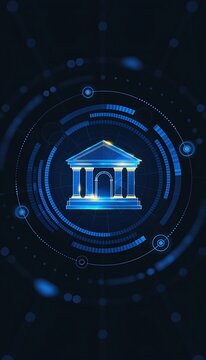 Digital bank icon in futuristic interface. Online financial security and cyber banking concept.