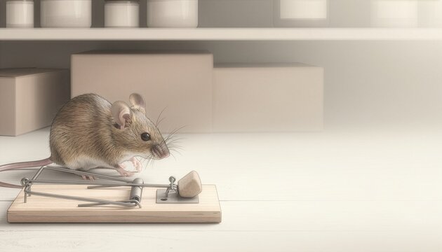 Rato se aproximando de armadilha com isca em uma cozinha, representando monitoramento, captura, controle de roedores, preven&ccedil;&atilde;o e prote&ccedil;&atilde;o contra infesta&ccedil;&otilde;es.