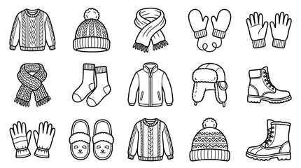 Elegant Black and White Line Drawing Set of Winter Clothing and Accessories for Fashion Design Inspiration © faz