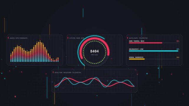 Futuristic data dashboard with animated charts. Digital infographic interface for business analytics. HUD UI elements for financial reporting.
