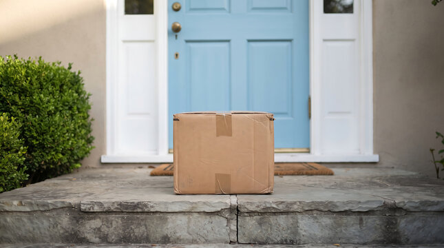 Unattended large cardboard box delivered to house entrance by postal service, package rests on stone porch in front of closed front door with welcome mat.
