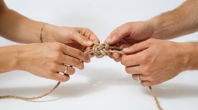 Two pairs of hands tying a knot together with rope on a white surface for cooperation unity partnership concept and teamwork banner