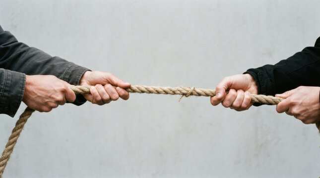 Hands pulling opposite ends of a rope in a tug of war struggle on a plain backdrop for competition conflict teamwork concept banner