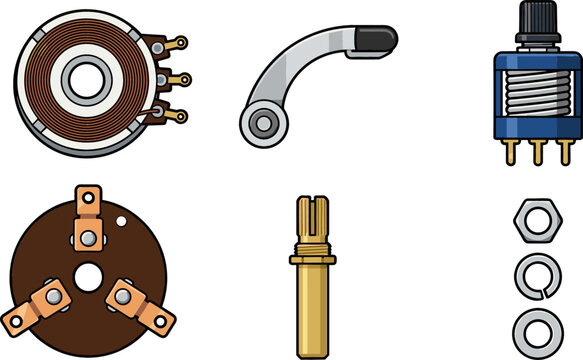 Electronic Component and Hardware Vector Icon Set Featuring Rotary Potentiometer Variable Resistor Winding Terminals Shaft and Nut Fasteners