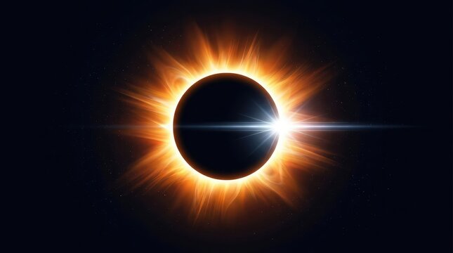 A stunning total solar eclipse with a bright diamond ring effect glowing against the dark black night sky
