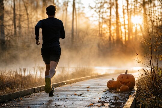 Man running on misty autumn boardwalk past carved pumpkins