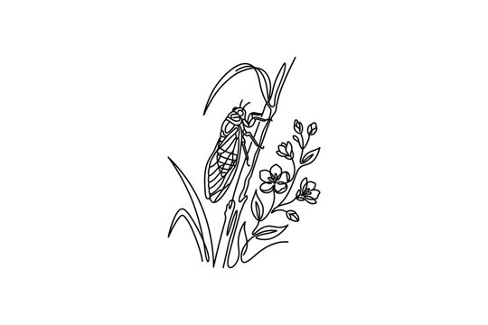 A minimalist line art drawing of a cicada perched on a plant stem with flowers.