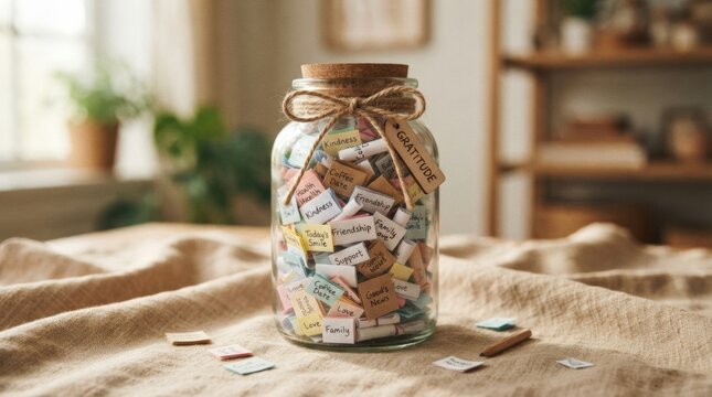 Mason jar filled with labeled gratitude notes and colorful paper slips for jar of thanks display, gift idea and home decor background
