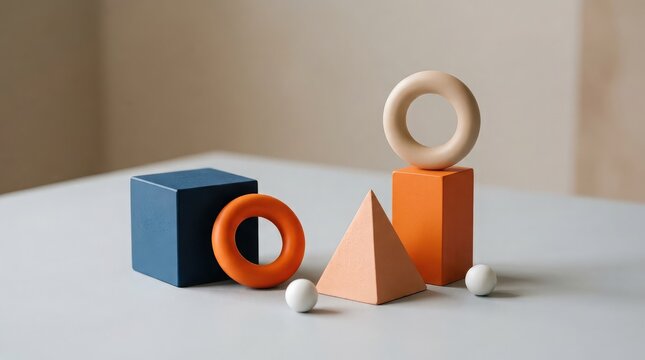 Abstract composition featuring colorful geometric shapes including a blue cube orange cylinder and pyramid on a neutral background