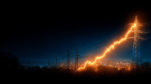 Power transmission towers beside a rising graph represent increasing electricity prices energy demand and utility market growth.
