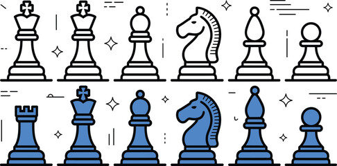 Chess Pieces Vector Icon Set Featuring White and Blue Line Art King Queen Rook Bishop Knight and Pawn for Gaming Designs © Rownok