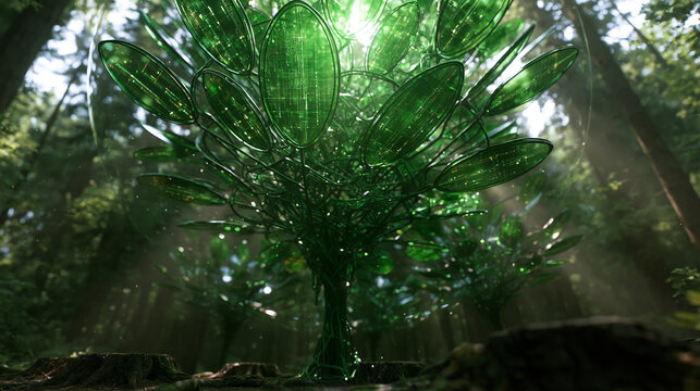 Digital Tree with Glowing Leaves in Forest